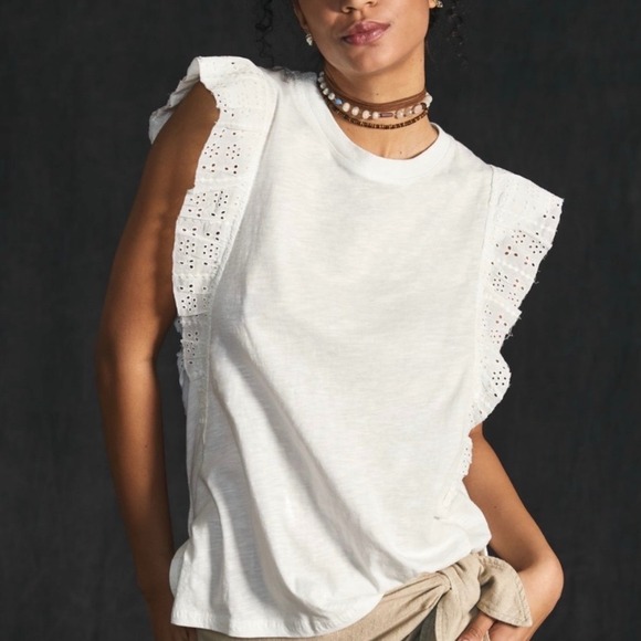 Pilcro Tops - Anthropologie PILCRO White Cotton Eyelet Lace Ruffle Sleeve Top Shirt Small‎